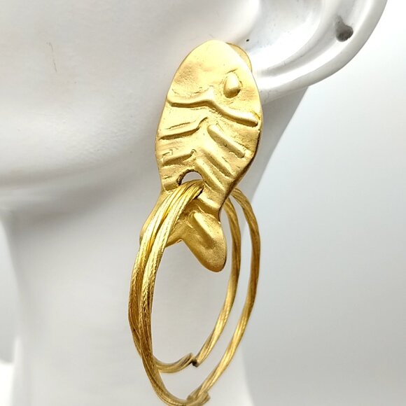 Vintage Norma Jean Matte Gold Fish Hoop Earrings Unique Double Hoop Dangle - Picture 3 of 10